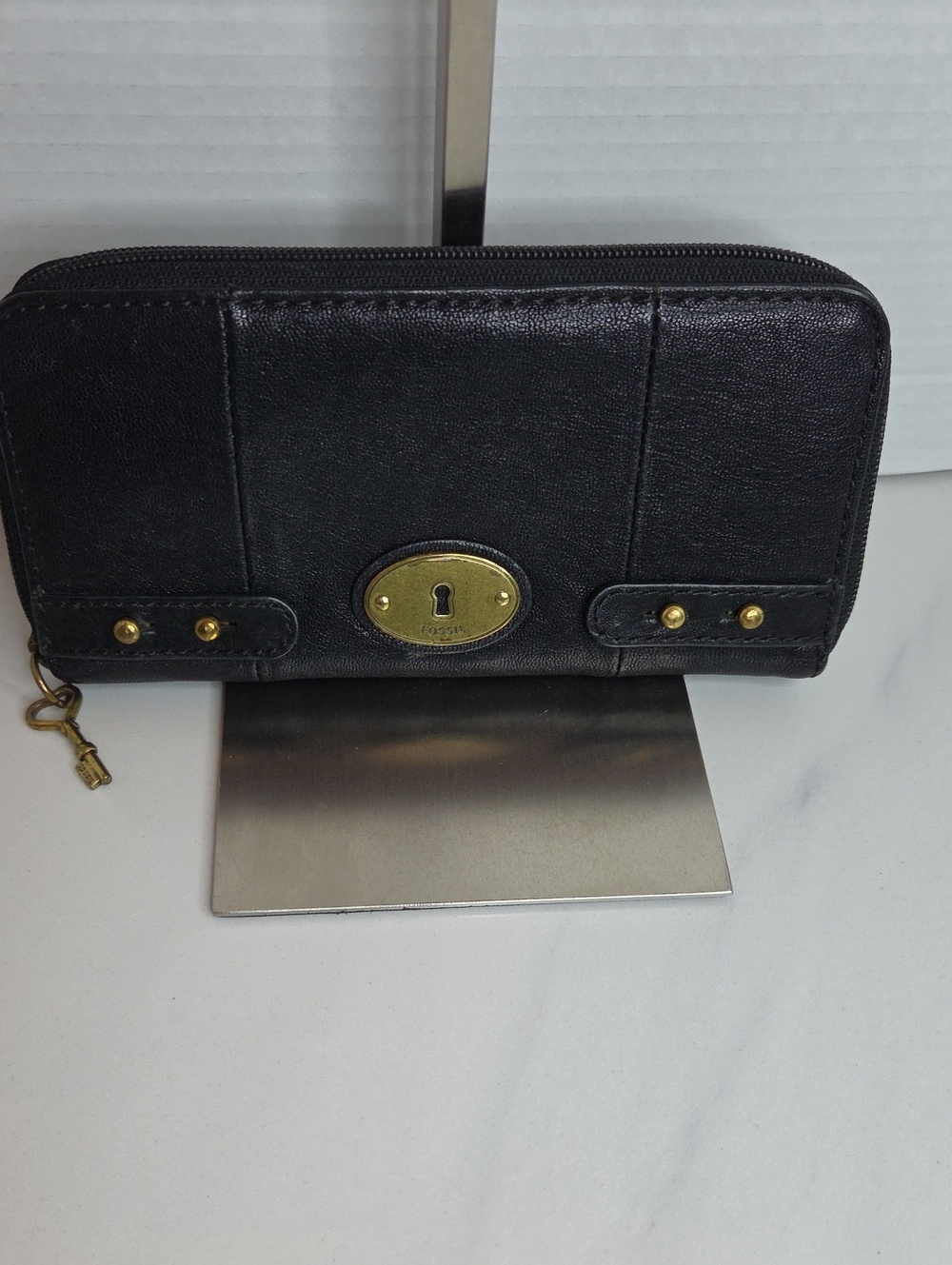 Fossil Black Leather Zip Wallet with Gold Hardware